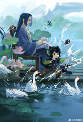  2boys absurdres animal_ears bird black_hair black_shirt blue_hair brown_pants bug butterfly cat_boy cat_ears chair chinese_clothes cup flower goose heixiu highres holding holding_cup lily_pad long_hair long_sleeves luo_xiaohei luo_xiaohei_(human) luo_xiaohei_zhanji multiple_boys outdoors pants pink_flower potttt_zai profile raft shirt sitting smile wide_sleeves wuxian_(the_legend_of_luoxiaohei) 