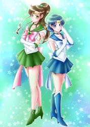  2girls ankle_boots bishoujo_senshi_sailor_moon blue_boots blue_choker blue_eyes blue_hair blue_sailor_collar blue_skirt bluechocomint boots bow brooch brown_hair choker elbow_gloves gloves green_boots green_choker green_eyes green_sailor_collar green_skirt hair_ornament heart heart_brooch high_heel_boots high_heels highres jewelry kino_makoto knee_boots long_hair mizuno_ami multiple_girls parted_bangs pink_bow ponytail sailor_collar sailor_jupiter sailor_mercury sailor_senshi_uniform short_hair skirt star_(symbol) star_choker super_sailor_jupiter super_sailor_mercury white_gloves 