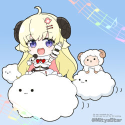  1girl :d ahoge animal_ears beamed_eighth_notes blonde_hair chibi clouds commentary_request dress eighth_note fur-trimmed_dress fur_trim hair_ornament hairclip holding holding_microphone hololive horns long_hair microphone mitya musical_note quarter_note sheep sheep_ears sheep_girl sheep_horns smile solid_circle_eyes tsunomaki_watame tsunomaki_watame_(1st_costume) twitter_username very_long_hair violet_eyes virtual_youtuber white_dress 