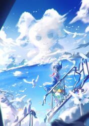  1girl absurdres arms_behind_back barefoot bird blue_bow blue_hair blue_shirt blue_skirt blue_sky bouquet bow bowtie broken cirno cirno_day cloud_focus clouds cloudy_sky commentary detached_wings dove from_side fumo_(doll) hair_bow highres holding holding_bouquet ice ice_wings jitome looking_at_viewer looking_to_the_side ocean railing red_bow red_bowtie shirt short_hair short_sleeves skirt sky smile solo stairs symbol-only_commentary t0nys touhou white_bird wings 