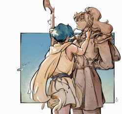  1girl armlet armor bishoujo_senshi_sailor_moon bracelet from_behind gold_bracelet highres holding holding_staff hood hood_down jewelry kino_makoto mercuri0ff mizuno_ami muscular muscular_female robe sailor_jupiter sailor_mercury sash shoulder_armor solo staff statue white_robe 