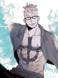  1boy abs anchor_tattoo beard blue_eyes blue_wings chanko_neru collared_shirt commentary_request facial_hair glasses highres male_focus marco_(one_piece) navel one_piece open_clothes open_shirt sash shirt short_hair simple_background smile solo tattoo wings 