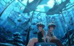  :o aquarium blue blue_eyes blue_hair casual dj_max_portable fish highres ladymade_star manta_ray multiple_girls original pantyhose seha short_hair siblings sitting smile twins wallpaper yuuki_tatsuya 