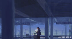  1girl absurdres black_hair blue_theme coat glowing highres lanxi_zhen li_qingning_(the_legend_of_luoxiaohei) luo_xiaohei_zhanji profile sign solo suitcase train_station twilight wide_shot zhzbaie 