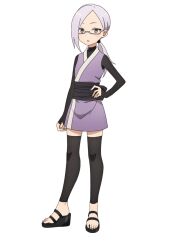  1girl anime_coloring black_shirt black_thighhighs blush breasts full_body glasses hand_on_own_hip japanese_clothes kimono kunoichi_tsubaki_no_mune_no_uchi long_hair long_sleeves looking_at_viewer low_ponytail ninja obi official_art okuda_yousuke open_mouth parted_bangs parted_lips ponytail purple_kimono sash semi-rimless_eyewear shirt short_kimono simple_background sleeveless sleeveless_kimono small_breasts solo standing sumire_(kunoichi_tsubaki_no_mune_no_uchi) tachi-e thigh-highs transparent_background tsurime turtleneck turtleneck_shirt under-rim_eyewear wedge_heels white-framed_eyewear yellow_eyes 