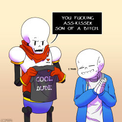  1:1 2022 2boys 2d absurdres armor artist_name black_shirt blue_jacket blue_shorts brothers cape closed_eyes comic comic_sans digital_media duo english_text gloves gradient_background grey_hood highres holding holding_clothes holding_shirt hood hood_down hooded_jacket humanoid insult jacket male male_focus male_only monster monster_boy multiple_boys nervous open_clothes open_jacket own_hands_together papyrus_(font) papyrus_(undertale) profanity red_cape red_gloves sans_(undertale) segmented_comic sequential shirt shorts siblings simple_background skeleton susartwork sweat t-shirt teeth text undead undertale utdr_(toby_fox) white_armor white_shirt yellow_background 