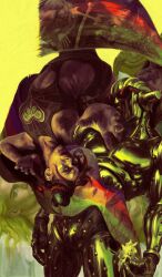  1girl 4boys 4others absurdres bandaid bandaid_on_face black_hair blonde_hair braid brown_eyes c-moon_(stand) cassock crop_top dio_brando double_bun enrico_pucci flower fur_hat hair_bun hashtag-only_commentary hat heart_ornament highres horned_hat jojo_no_kimyou_na_bouken kujo_jolyne made_in_heaven_(stand) makeup multicolored_hair multiple_boys multiple_others narciso_anasui orange_eyes rainbow red_hair snail spider_web_print stand_(jojo) standing stone_free stone_ocean sunglasses topless_male transformation two-tone_hair upside-down weather_report whitehogiii whitesnake_(stand) yellow_background 