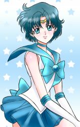 1girl back_bow bishoujo_senshi_sailor_moon blue_choker blue_eyes blue_hair blue_sailor_collar blue_skirt bow choker circlet gloves mizuno_ami rabitan1022 sailor_collar sailor_mercury short_hair skirt solo white_gloves 