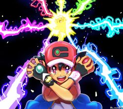  10000000-volt_thunderbolt_(pokemon) 1boy ash_ketchum baseball_cap black_background black_gloves black_hair blue_vest bracelet clothed_pokemon commentary_request crossed_arms dot_nose dynamax_band electricity fingerless_gloves fingernails gloves h_renah hat highres holding holding_poke_ball jewelry male_focus mega_stone open_clothes open_mouth open_vest pikachu poke_ball poke_ball_(basic) pokemon pokemon_(anime) pokemon_(creature) pokemon_journeys pokemon_move red_hat shirt short_hair short_sleeves smile teeth upper_body upper_teeth_only v-shaped_eyebrows vest white_shirt z-crystal z-move z-ring 