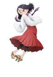  1girl anime_coloring blush covering_own_mouth earrings eyeliner fuki_(kunoichi_tsubaki_no_mune_no_uchi) full_body geta grey_eyes hair_between_eyes hakama hakama_skirt japanese_clothes jewelry kimono kunoichi_tsubaki_no_mune_no_uchi long_skirt long_sleeves looking_at_viewer makeup ninja official_art okuda_yousuke one_eye_closed parted_bangs pleated_skirt purple_scarf red_eyeliner red_hakama scarf short_eyebrows short_hair simple_background skirt solo standing tachi-e thick_eyebrows transparent_background white_kimono wide_sleeves 