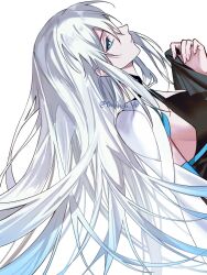  1girl alternate_hairstyle black_dress blue_eyes blue_hair closed_mouth commentary_request dress fate/grand_order fate_(series) fingernails from_side gradient_hair grey_hair highres long_hair looking_at_viewer morgan_le_fay_(fate) multicolored_hair profile simple_background solo tsukikusa_ao twitter_username two-tone_dress two-tone_hair very_long_hair white_background white_dress 