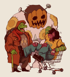  1boy 1girl 1other :o argyle_clothes argyle_sweater bandaged_hand bandages bandaid bandaid_on_knee bandaid_on_leg beard black_shoes brown_coat brown_hair brown_sweater cane coat colored_sclera dated deltarune denim facial_hair freckles furry gerson_boom hair_over_one_eye highres in_shopping_cart jack-o&#039;-lantern jackenstein_(deltarune) jeans jewelry laughing looking_at_another necklace object_head open_mouth opticalorgan pants red_scarf scarf shirt shoes shopping_cart striped_sleeves susie_(deltarune) sweater torn_clothes torn_jeans torn_pants turtle turtle_shell utdr_(toby_fox) white_background yellow_sclera yellow_shirt 