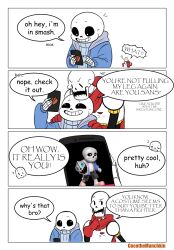  2020 2boys 2d armor artist_name blue_jacket blue_sweater border brothers cape cellphone cocothemunchkin comic comic_sans digital_media duo english_text gloves grey_hood height_difference highres holding holding_cellphone holding_phone hood hood_down hooded_jacket humanoid jacket male male_focus male_only monster monster_boy multiple_boys open_clothes open_jacket papyrus_(font) papyrus_(undertale) phone red_cape red_gloves sans_(undertale) sequential siblings simple_background skeleton smartphone speech_bubble super_smash_bros. sweater teeth text undead undertale utdr_(toby_fox) white_armor white_background white_border 