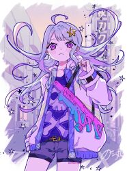  1girl ahoge artist_name blue_shirt blush_stickers closed_mouth commentary_request cowboy_shot floating_hair grey_shorts gun hand_up highres jacket long_hair long_sleeves looking_at_viewer notamaru_2 open_clothes open_jacket original outdoors print_shirt purple_hair shirt shorts skull_and_crossbones solo violet_eyes weapon white_jacket 