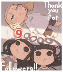  3girls :&lt; apron barefoot black_eyes black_hair blonde_hair blue_eyes brown_pants closed_mouth commentary_request food food_on_face grey_apron kozato_(yu_kozato) little_blonde_girl_(kozato) long_hair long_sleeves lying milestone_celebration multiple_girls on_back on_floor original pants shirt short_eyebrows siblings sisters thank_you thick_eyebrows twins twintails v-shaped_eyebrows very_long_hair white_shirt wooden_floor 