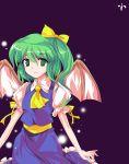  alternate_wings bat_wings blue_dress bow daiyousei dress green_eyes green_hair hair_bow highres ideolo light_particles parody ribbon ribbons short_hair side_ponytail style_parody touhou wings 