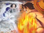  aokiji battle black_hair character_name devil_fruit dugan element_bender epic fighting fire flames hat highres ice ice_sword kuzan_(aokij) kuzan_(aokiji) logia male multiple_boys one_piece pirate portgas_d._ace portgas_d_ace tattoo title_drop what_if 
