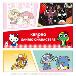  animal_ears apple badtz-maru belt black_eyes blue_eyes bow bowtie cake cake_slice cat cat_ears cat_girl cat_tail copyright_name dororo_(keroro_gunsou) food frog fruit giroro glasses gudetama hat headphones hello_kitty hello_kitty_(character) highres hood ice_cream keroro keroro_gunsou kururu_(keroro_gunsou) looking_at_viewer mask milk mouth_mask my_melody ninja_mask no_humans official_art onegai_my_melody ribbon sanrio simple_background sunglasses tail tamama tuxedo_sam 