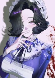  1girl absurdres ambiguous_red_liquid apron black_hair black_ribbon breasts closed_mouth dress finger_to_mouth flower hair_over_one_eye hamra_(hamcommis) hand_up highres large_breasts looking_at_viewer maid_headdress neck_flower neck_ribbon one_eye_covered pink_eyes purple_dress purple_flower reverse:1999 ribbon shadow short_hair smile solo tuesday_(reverse:1999) upper_body white_apron white_background 