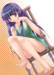  :o bangs barefoot blue_hair blunt_bangs chair chin_rest collarbone crossed_legs dress dutch_angle feet furude_rika gradient gradient_background higurashi_no_naku_koro_ni kisaragi_miyu legs legs_crossed long_hair looking_at_viewer purple_eyes sitting soles strap_slip sundress toes upskirt violet_eyes 