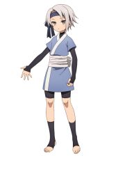  1girl anime_coloring bike_shorts black_socks blue_headband blue_kimono blush breasts bridal_gauntlets brown_eyes closed_mouth flat_chest full_body grey_hair headband higiri_(flower_knight_girl) japanese_clothes kimono kunoichi_tsubaki_no_mune_no_uchi looking_at_viewer ninja obi official_art okuda_yousuke parted_bangs sash short_hair short_sleeves simple_background single_sidelock socks solo standing tachi-e transparent_background tsurime white_sash 