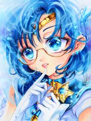  1girl bishoujo_senshi_sailor_moon blue_choker blue_eyes blue_hair blue_sailor_collar blue_skirt bubble choker circlet earrings elbow_gloves glasses gloves highres jewelry lips mizuno_ami nashi_juni round_eyewear sailor_collar sailor_mercury sailor_senshi_uniform short_hair skirt star_(symbol) star_choker stud_earrings super_sailor_mercury white_gloves 
