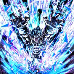  1boy arm_guards arms_up black_vest blue_aura blue_eyes blue_hair blue_sash buuchan_dbart dragon_ball dragon_ball_super dragon_ball_super_broly from_above gogeta highres light_particles metamoran_vest muscular muscular_male open_mouth saiyan sash solo super_saiyan super_saiyan_blue teeth vest 