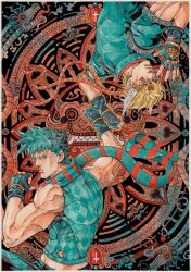  2boys absurdres aqua_eyes aqua_hair aqua_scarf aqua_shirt araki_hirohiko_(style) argyle_clothes argyle_shirt aztec_(style) battle_tendency black_gloves blonde_hair caesar_anthonio_zeppeli cross dragon english_commentary facial_mark feather_hair_ornament feathers fingerless_gloves gloves hair_ornament headband highres jojo_no_kimyou_na_bouken joseph_joestar joseph_joestar_(young) male_focus midriff multiple_boys muscular muscular_male orange_headband painting_(medium) red_headband red_scarf red_stone_of_aja rotational_symmetry scarf shirt striped_clothes striped_scarf teeth traditional_media triangle_print upside-down watercolor_(medium) xfkart yellow_lips 