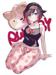  1girl bare_arms barefoot black_hair black_shirt blush closed_mouth collarbone full_body gradient_hair grey_eyes hair_between_eyes multicolored_hair pajamas pants pink_pants print_pants print_shirt red_hair ruby_rose rwby sample_watermark shirt short_hair sitting sleeveless sleeveless_shirt smile solo stuffed_animal stuffed_dog stuffed_toy swept_bangs tsukasa_(ilqmplim) wariza water watermark white_background 
