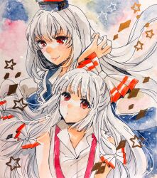  2girls akaioringo2023 collared_shirt fujiwara_no_mokou highres kamishirasawa_keine long_hair multiple_girls overalls red_eyes red_overalls shirt touhou very_long_hair white_hair white_shirt 