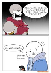  2020 2boys 2d armor artist_name blue_jacket blue_sweater border brothers cape cellphone cocothemunchkin comic comic_sans digital_media disdain duo english_text gloves grey_hood height_difference highres holding holding_cellphone holding_phone hood hood_down hooded_jacket humanoid insult jacket male male_focus male_only monster monster_boy multiple_boys open_clothes open_jacket papyrus_(font) papyrus_(undertale) phone profanity red_cape red_gloves sans_(undertale) sequential siblings simple_background skeleton smartphone speech_bubble sweater teeth text undead undertale utdr_(toby_fox) white_armor white_background white_border 