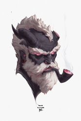  1boy beard black_skin broken_horn colored_skin demon_boy earrings facial_hair full_beard glowing glowing_eyes highres horns jewelry mohawk original patrick_ganas pink_eyes portrait scar scar_on_face scar_on_forehead simple_background smoking_pipe white_background white_beard white_hair 