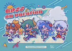  2boys 2girls :o ;d arle_nadja arms_behind_head blue_eyes blue_hair blue_headband blue_pants blue_sandals blunt_bangs blush blush_stickers bracelet brown_eyes brown_hair brown_sandals carbuncle_(puyopuyo) chibi chibi_only clouds commentary copyright_name creature curtained_hair demon_boy drop_shadow earrings eyewear_on_head eyewear_on_headwear fang floral_print flower flower_necklace full_body green_hair grey_hair half_updo hands_on_own_cheeks hands_on_own_face hat headband hibiscus highres holding holding_water_gun hoop_earrings horns instrument jewelry lei multiple_boys multiple_girls one_eye_closed open_clothes open_mouth open_shirt palm_tree pants parted_bangs pointy_ears purple_shirt puyopuyo puyopuyo_quest red-framed_eyewear red_flower red_scrunchie red_shorts rulue_(puyopuyo) running sandals sarong satan_(puyopuyo) schezo_wegey scrunchie shirt short_hair short_sleeves shorts single_blush_sticker smile soinjan star-shaped_eyewear star_(symbol) sun sunglasses tan tied_shirt tree ukulele undershirt water_gun white_hat white_shirt white_shorts wrist_scrunchie yellow_shirt 