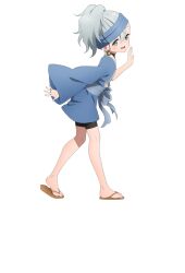  1girl :d anime_coloring asymmetrical_sleeves bell bent_over bike_shorts blue_headband blue_kimono blue_sash breasts closed_mouth earrings flat_chest from_side full_body grey_eyes grey_hair hair_between_eyes headband japanese_clothes jewelry kikyou_(kunoichi_tsubaki_no_mune_no_uchi) kimono kunoichi_tsubaki_no_mune_no_uchi long_sleeves looking_at_viewer medium_hair ninja obi official_art okuda_yousuke open_mouth ponytail sash simple_background smile solo standing tachi-e transparent_background waraji wide_sleeves 