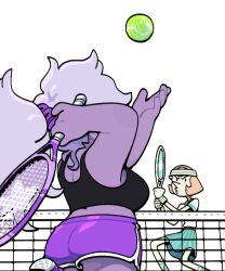  alternate_costume amethyst_(steven_universe) ball breasts colored_skin discount-supervillain long_hair multiple_girls pearl_(species)_(steven_universe) pearl_(steven_universe) plump purple_skin racket short_shorts shorts shortstack sports_bra sportswear steven_universe tennis tennis_ball tennis_racket tennis_uniform toon_(style) 