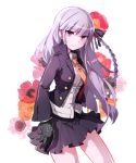  1girl braid dangan_ronpa dasulchan frown gloves hair_ribbon kirigiri_kyouko long_hair necktie pleated_skirt purple_hair ribbon skirt solo violet_eyes 