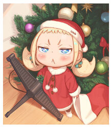  1girl :&lt; blonde_hair blue_eyes blush brown_pantyhose carrying carrying_under_arm christmas_ornaments christmas_stocking christmas_tree closed_mouth commentary_request dress forehead fur-trimmed_dress fur-trimmed_headwear fur-trimmed_sleeves fur_shoes fur_trim hat indoors kozato_(yu_kozato) little_blonde_girl_(kozato) long_sleeves looking_at_viewer original pantyhose red_dress red_hat santa_costume santa_hat shoes short_eyebrows solo standing thick_eyebrows twintails v-shaped_eyebrows white_shoes wooden_floor 