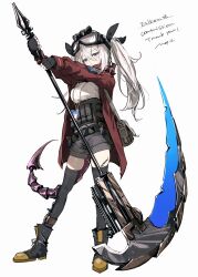  1girl bag belt black_gloves black_shorts black_thighhighs blue_eyes commission fingerless_gloves gloves goggles goggles_on_head hair_between_eyes highres holding holding_scythe holding_weapon id_card jacket long_hair long_sleeves looking_at_viewer open_clothes original pouch pppmepl red_jacket scythe shirt shorts simple_background skeb_commission solo tail thigh-highs twintails weapon white_background white_hair white_shirt 