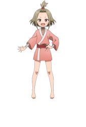  1girl anime_coloring bandaged_arm bandages beads blush brown_eyes fishnet_top fishnets flat_chest full_body green_hair hair_beads hair_ornament hand_on_own_hip housenka_(kunoichi_tsubaki_no_mune_no_uchi) japanese_clothes kimono kunoichi_tsubaki_no_mune_no_uchi long_sleeves looking_at_viewer ninja obi official_art okuda_yousuke open_hand open_mouth outstretched_arm pink_kimono red_sash sash short_hair short_kimono simple_background smile solo spread_fingers standing tachi-e transparent_background v-shaped_eyebrows 