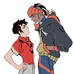  2boys aged_down aqua_eyes black_hair closed_mouth collared_shirt commentary cowboy_shot dark-skinned_male dark_skin drawstring earrings eye_contact grey_hair haaa_om007ls hands_in_pockets hands_on_own_hips headband highres hood hoodie jewelry kabu_(pokemon) long_sleeves looking_at_another looking_down looking_up male_focus mohawk multicolored_hair multiple_boys orange_headband piercing pokemon pokemon_swsh profile raihan_(pokemon) red_shirt shirt short_sleeves shorts smile standing stud_earrings two-tone_hair white_shorts wing_collar 