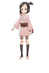  1girl anime_coloring black_eyes black_hair blush breasts closed_mouth collarbone fishnet_shorts fishnets flat_chest full_body hair_ornament japanese_clothes kimono kimono_skirt kunoichi_tsubaki_no_mune_no_uchi long_sleeves looking_at_viewer ninja official_art okuda_yousuke one_side_up open_hand outstretched_arm pink_kimono scroll scroll_tube short_hair short_kimono shuriken shuriken_hair_ornament sidelocks simple_background solo standing tachi-e toeless_legwear toes touwata_(kunoichi_tsubaki_no_mune_no_uchi) transparent_background tsurime v-shaped_eyebrows weapon wide_sleeves 