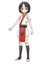  1girl anime_coloring black_eyes black_hair blush bob_cut breasts closed_mouth flat_chest full_body japanese_clothes kibushi_(kunoichi_tsubaki_no_mune_no_uchi) kimono kunoichi_tsubaki_no_mune_no_uchi looking_at_viewer ninja obi official_art okuda_yousuke open_hand outstretched_arm parted_bangs pelvic_curtain sash short_hair short_kimono short_sleeves simple_background sleeves_pushed_up smile solo spread_fingers standing tachi-e tareme toeless_legwear toenails toes transparent_background white_kimono 