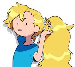  1boy adventure_time blonde_hair blue_shirt discount-supervillain finn_the_human jake_the_dog long_hair mechanical_arms ponytail shirt simple_background single_mechanical_arm solo t-shirt toon_(style) transparent_background upper_body very_long_hair 