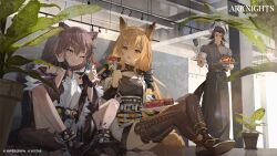  1boy 2girls :d ;t agas0924 anger_vein animal_ears arknights boots breasts brown_boots brown_eyes brown_hair ceobe_(arknights) chicken_(food) choker commentary copyright_name cow_boy cow_ears cow_horns dog_ears english_commentary food fork highres holding holding_fork holding_spatula horns lace-up_boots lunacub_(arknights) matterhorn_(arknights) meat multiple_girls open_mouth red_eyes smile spatula tail thigh_boots thumbs_up wolf_ears wolf_girl wolf_tail 