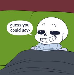  1boy 2021 2d blanket blue_sweater cocothemunchkin comic comic_sans couch digital_media english_text highres indoors male male_focus male_only sans_(undertale) segmented_comic sequential solo solo_focus speech_bubble sweater text undertale utdr_(toby_fox) 