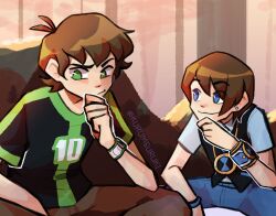  2boys ben_10 ben_10:_omniverse ben_23 ben_tennyson black_shirt black_vest blue_eyes blue_pants blue_shirt bracelet brown_hair brown_pants closed_mouth denim earrings english_commentary green_eyes green_shirt hand_on_own_chin hero_watch highres jewelry kurumeuruki learning_to_be_spider-man_(meme) looking_at_another male_focus marvel meme multiple_boys omnitrix pants parted_bangs shirt short_hair short_sleeves sitting smile spider-man:_into_the_spider-verse spider-man_(series) spider-verse stud_earrings t-shirt thinking vest watch watch 
