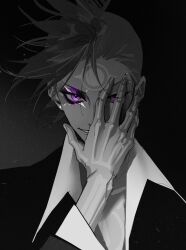  1boy dragon_boy_(to_be_hero_x) eyebrow_piercing face_piercing face_print full-body_tattoo hand_over_face highres male_focus mohawk piercing sd2190392804 smile solo suit tattoo to_be_hero to_be_hero_x violet_eyes 