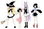  animal_ears armband barefoot black_hair blonde_hair broom bunny_ears casual geta hat inaba_tewi kirisame_marisa long_hair oso oso_(toolate) purple_hair rabbit_ears reisen_udongein_inaba shameimaru_aya skinny tengu-geta touhou vest wings wink witch_hat 