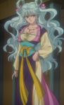  blue_hair cap dress earrings fushigi_yuugi grey_eyes grey_hair hair_rings hanfu jewelry long_hair necklace screencap stitched subaru_(fushigi_yuugi) very_long_hair 