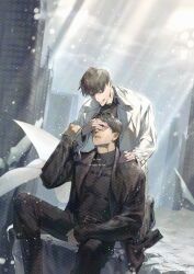  2boys belt black_coat black_eyes black_hair black_shirt cityscape cliff coat collared_shirt covering_another&#039;s_eye crew_neck feet_out_of_frame grin guding_nut hand_on_another&#039;s_arm hand_on_another&#039;s_shoulder hand_on_lap highres kim_dokja knees_apart_feet_together light_rays male_focus multiple_boys omniscient_reader&#039;s_viewpoint popped_collar shirt short_hair sitting smile white_coat yoo_joonghyuk 